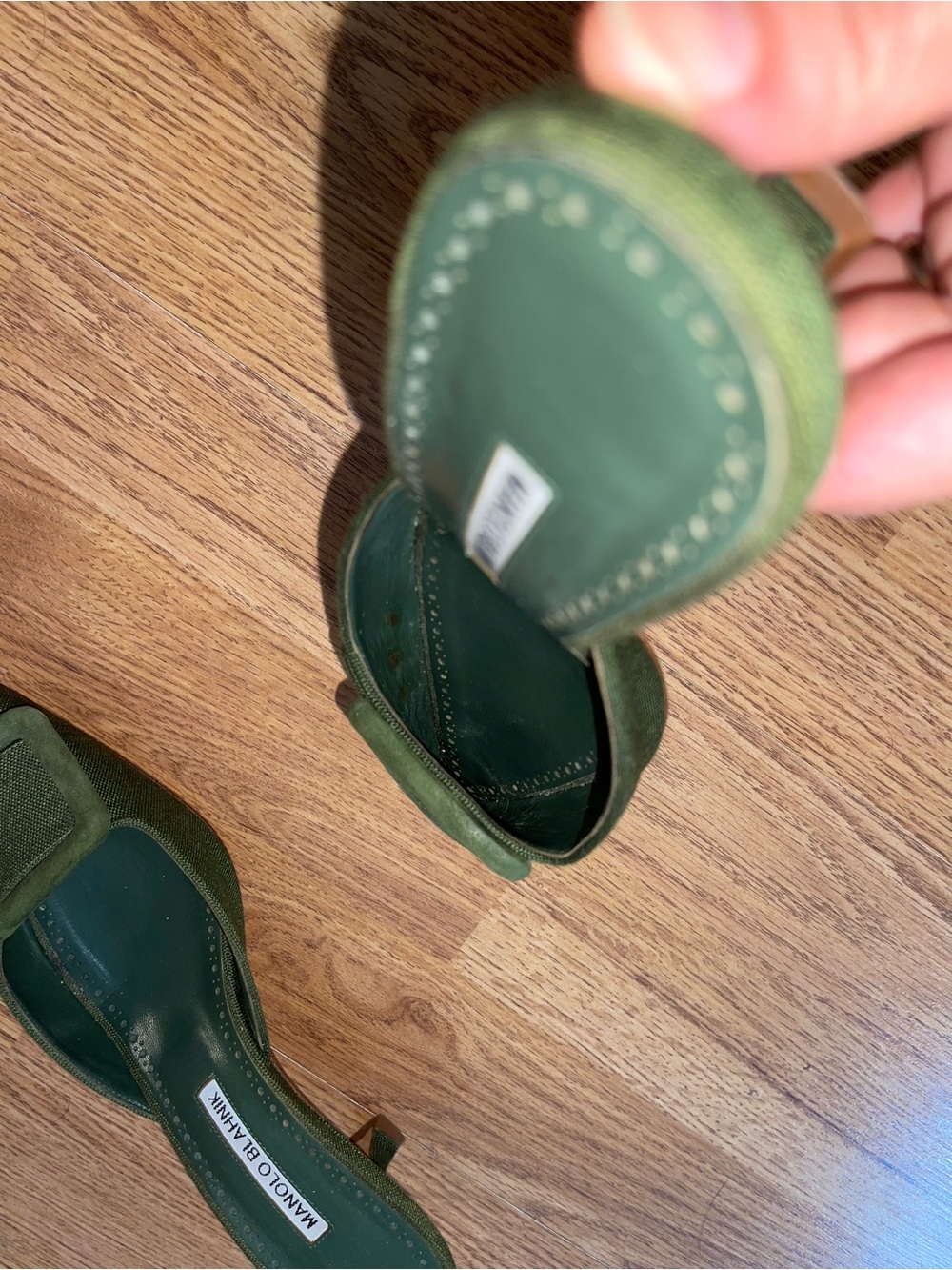 Manolo Blahnik Forest Green Square Buckle Pointed Toe Mules - Picture 4 of 6